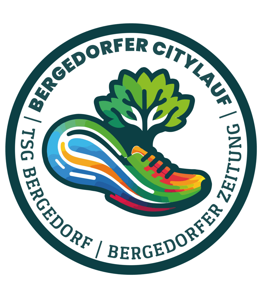 Das Logo unseres Bergedorfer Citylaufs in Kooperation mit der Bergedorfer Zeitung zeigt einen Laufschuh in gr&uuml;n, blau, rot, orange, gelb und einem Blatt im Hintergrund.