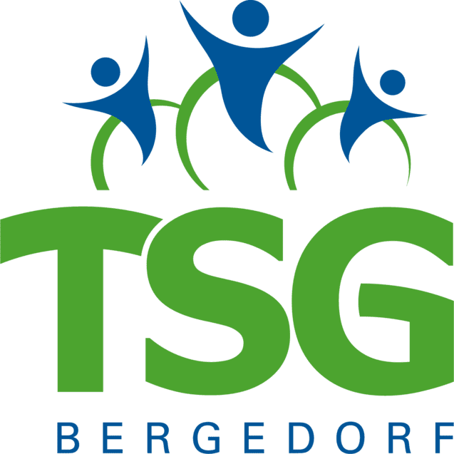 Logo der TSG Bergedorf mit stilisierten Figuren in Blau und Grün, die Bewegung und Gemeinschaft symbolisieren.