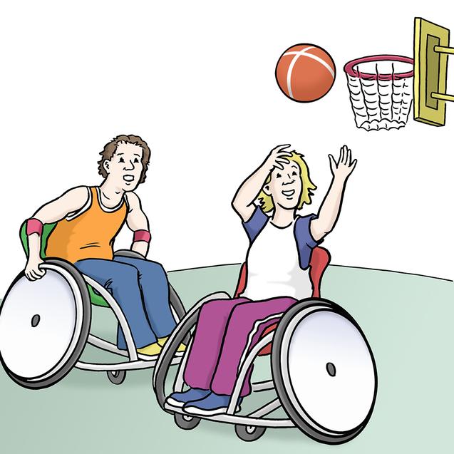 Zwei Menschen im Rollstuhl spielen Basketball, während einer einen Ball auf einen Korb wirft.