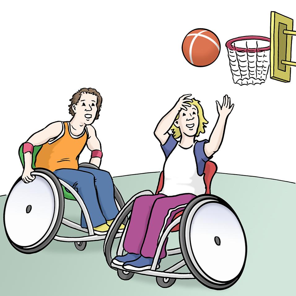 Zwei Menschen im Rollstuhl spielen Basketball, während einer einen Ball auf einen Korb wirft.