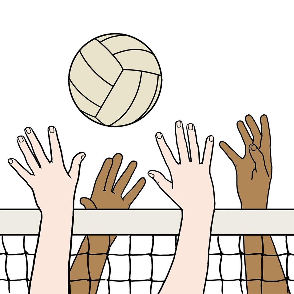 Hände von Spielern heben sich, um einen Volleyball über das Netz zu schlagen. Klarer Hintergrund.