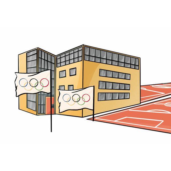 Olympisches Gebäude mit Fahnen und einem roten Sportplatz im Vordergrund. Geometrische, moderne Architektur.