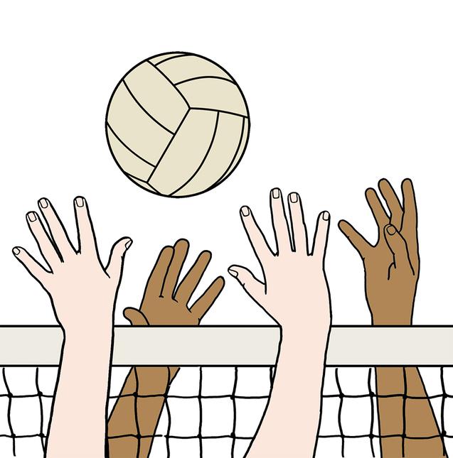 Hände von Spielern heben sich, um einen Volleyball über das Netz zu schlagen. Klarer Hintergrund.