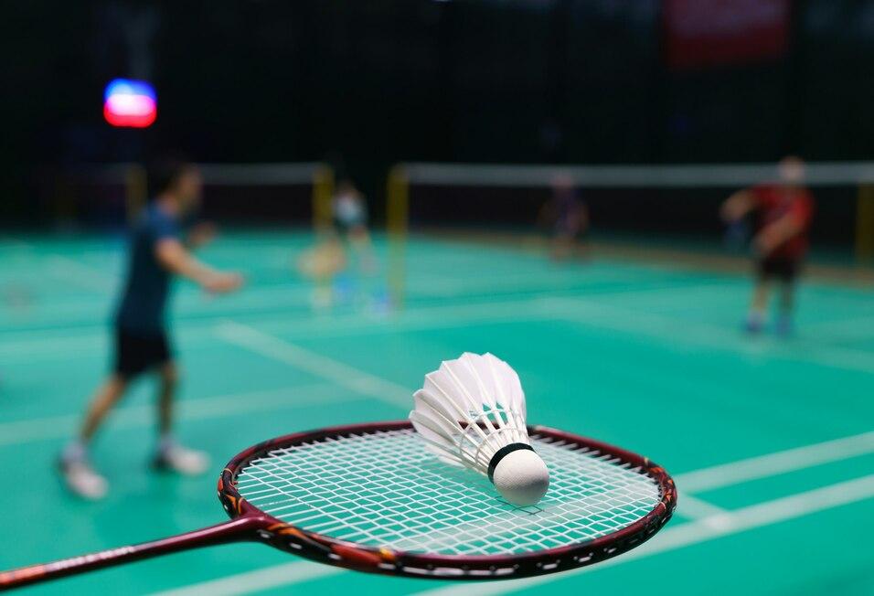 Nahaufnahme eines Badminton-Schl&auml;gers mit Federball auf einem gr&uuml;nen Badmintonplatz im Hintergrund.