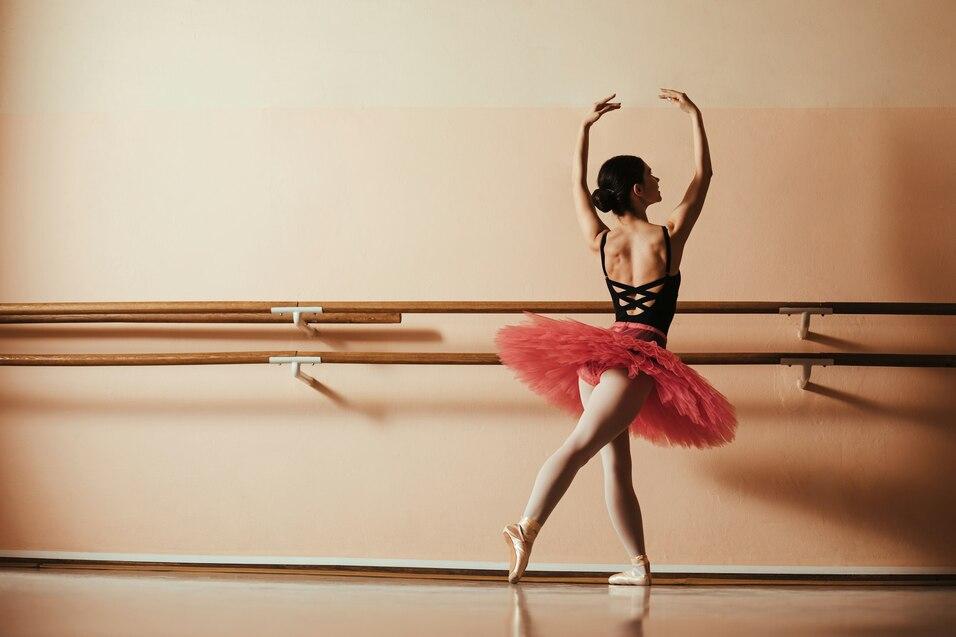 Ballettt&auml;nzerin in schwarzem Oberteil und rosa Tutu im Profil, klassischen Posen vor einer Wand mit Holzstangen.