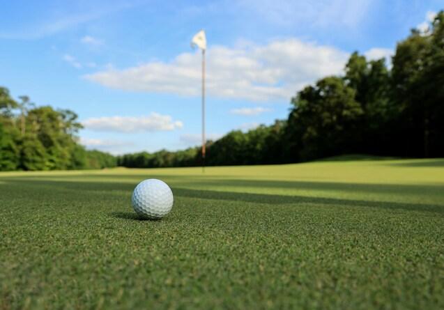 Eine Golfball liegt auf dem grünen Rasen eines Golfplatzes, im Hintergrund ist die Fahne sichtbar.