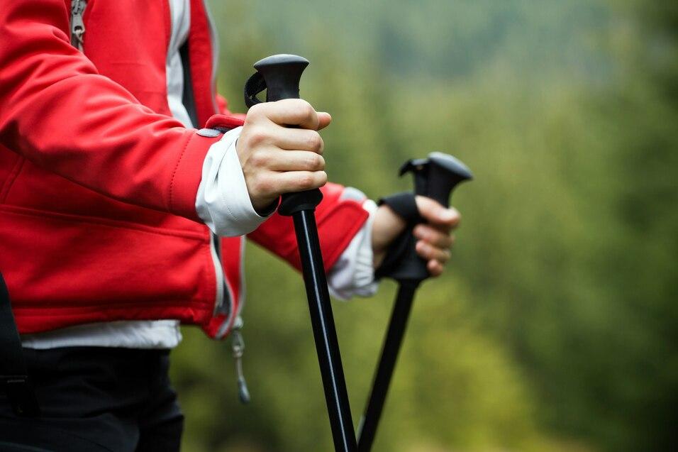 Nahaufnahme einer Person in roter Jacke, die zwei Wanderst&ouml;cke im Wald h&auml;lt. Unscharfer Hintergrund mit gr&uuml;nen B&auml;umen.