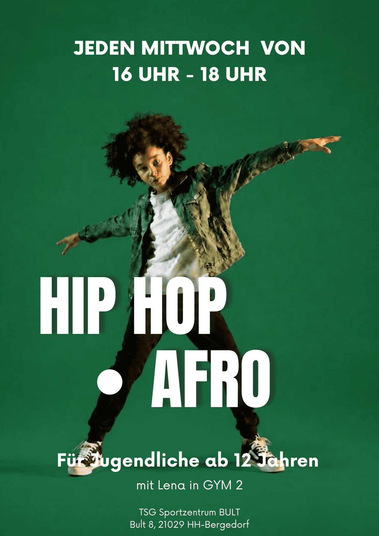Ein Flyer mit einem Jungen darauf der vor gr&uuml;nem Hintergrund tanzt mit den Worten Hip Hop, Afro davor und allen wichtigen Daten zu dem neuen Angebot.