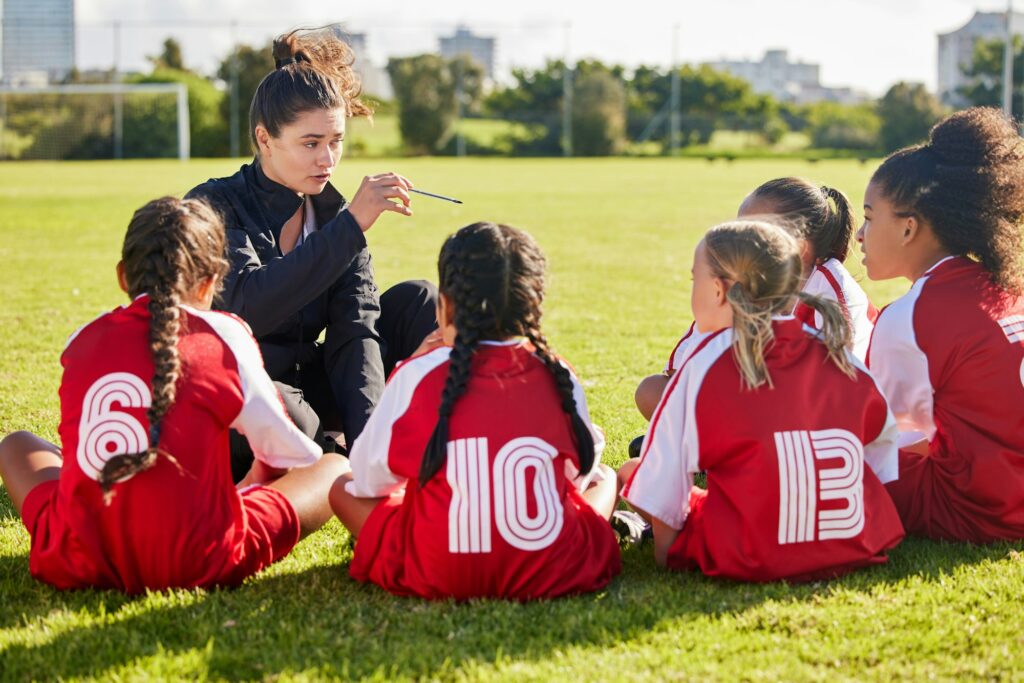 Coaching, exercise or coach with children for soccer strategy, training and team goals in Canada. t